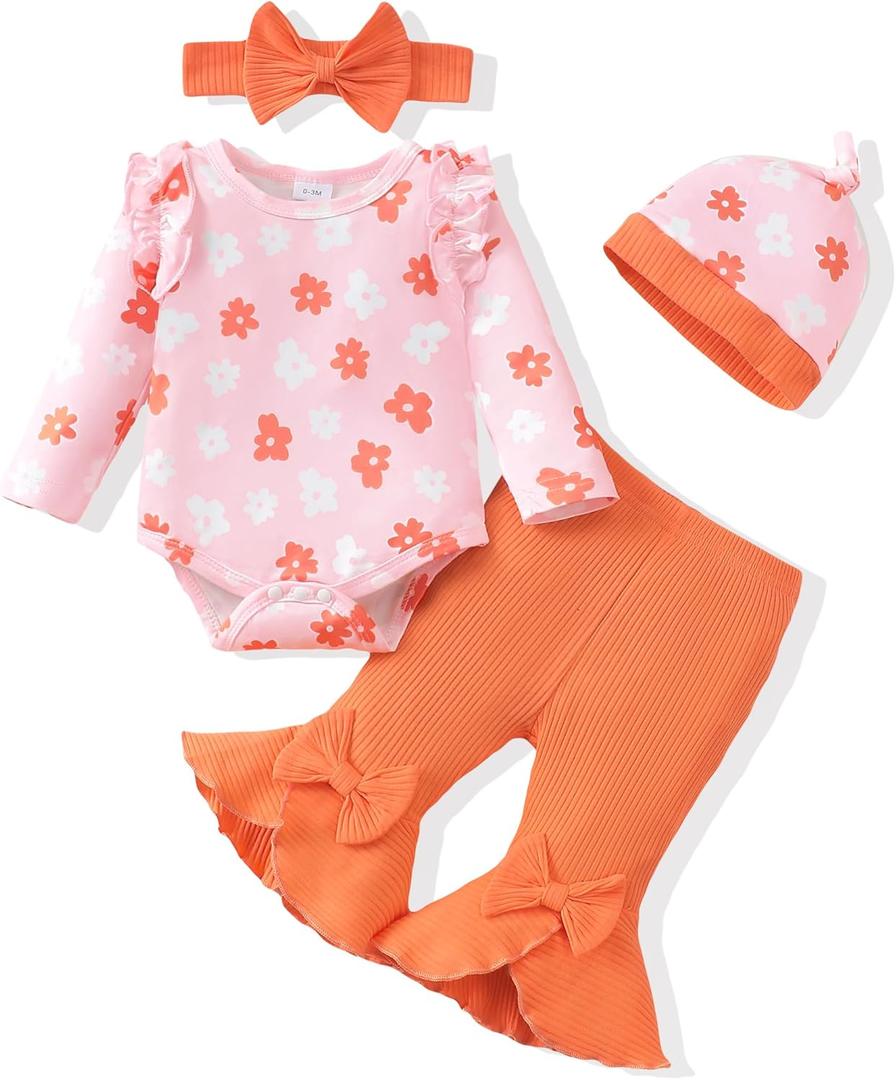 Newborn Baby Girl Clothes Infant Outfits Clothing Ruffle Romper Bell Bottoms Flared Pants Outfit Sets for Baby Girls (0-3 Months, Orange Floral)