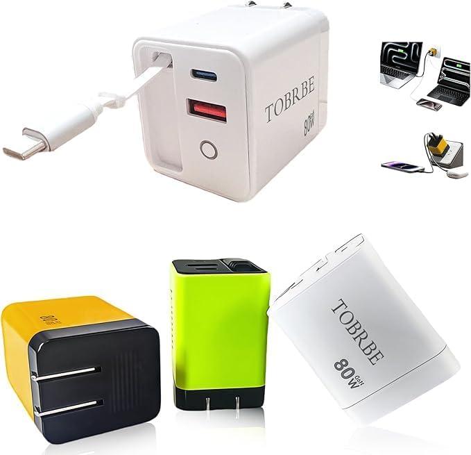 Tobre 3 in 1 GaN Charger, Scalable 80W Max Fast Charging Block with Retractable Type-C Cable & 2 USB Ports, All-in-One Wall Charger for iPhone 16/15/14, Galaxy S25, Pixel,Laptops (White, 70)