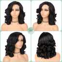 Short Body Wave Wig Glueless Short Wavy Bob Wigs Side Part Loose Wave Wigs for Women Shoulder Length Curly Synthetic Wig Lace Part Hair (Natural Black)