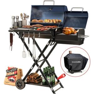 Portable Charcoal Grill with Smoking Function, Foldable Suitcase Design with Wheels, Multi-Tier Storage Rack & Waterproof Cover for Outdoor BBQ Parties (Blue)
