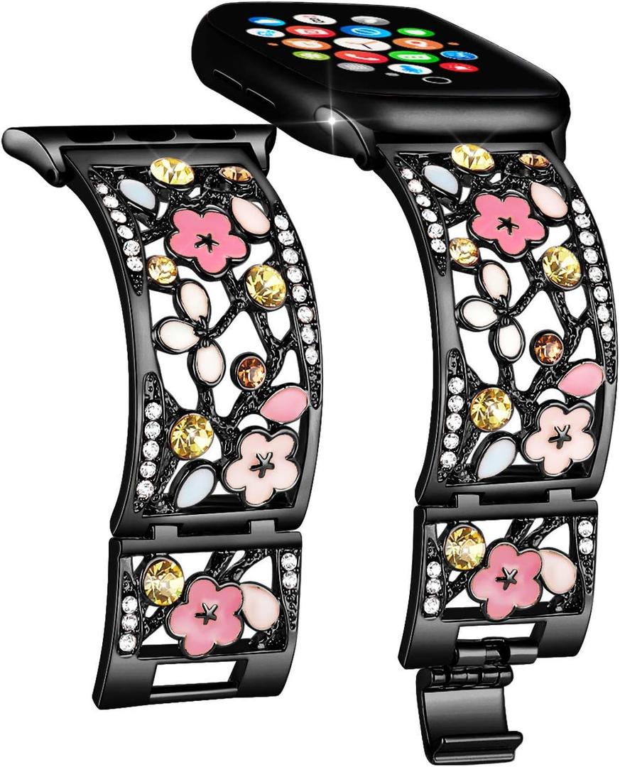 Floral Bracelet Compatible with Apple Watch Band 38mm 40mm 41mm 42mm iWatch Bands Series 11 10 9 8 7 6,Bling Crystal Hollow Metal Strap,Cute Women Dressy Jewelry Wristband(38/40/41/42mm,Black)