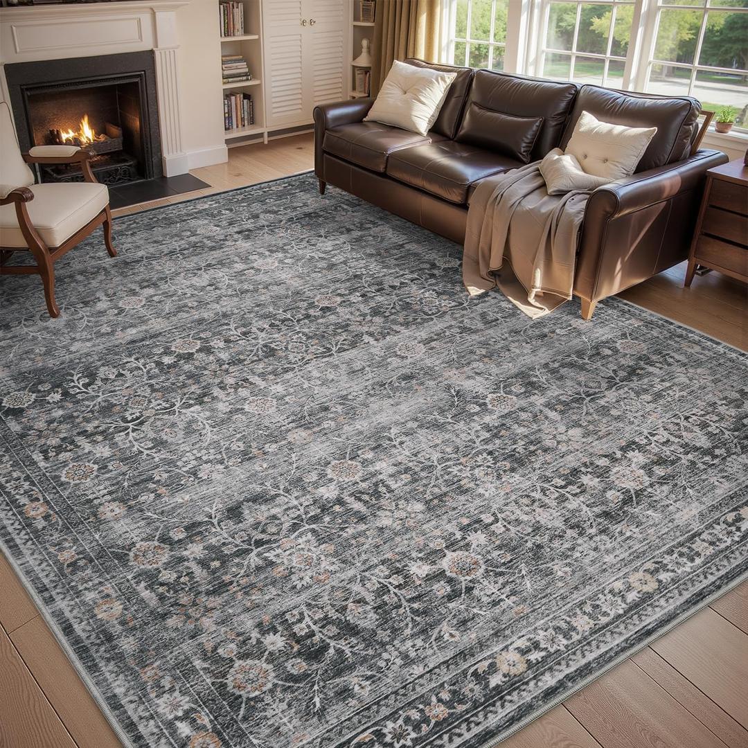 MontVoo-Vintage Area Rug 6X9 Grey Rugs for Living Room-Soft Distressed Printed Rugs for Bedroom-Non Slip Carpet-Machine Washable Rug for Dining Room Living Room Bedside Office (6' x 9', Darkgrey)