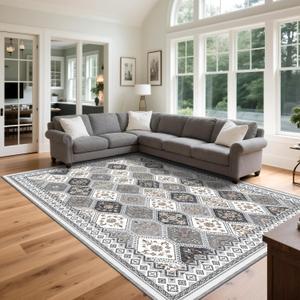 Washable Rugs 8x10, Soft Non-Slip Boho Moroccan Rug, Low-Pile Printed Area Rug Gray Rug for Living Room, Bedroom, Dining Room -Gray/Gold