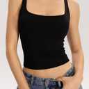 QINSEN Womens Tank Tops with Built in Bras Square Neck Double Lined Basic Sleeveless Workout Tops (Black, M)