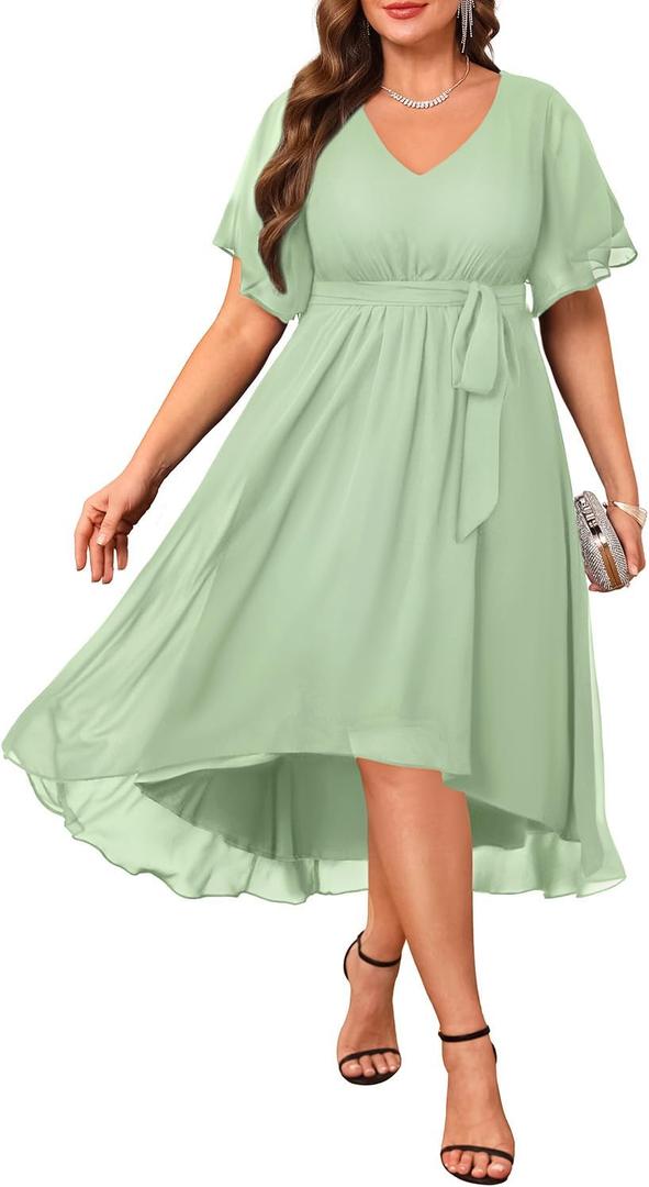Plus Size Dresses Wedding Guest - Formal Cocktail Chiffon V Neck Short Sleeve High Low Dress Curvy Women (Light Green) 22W