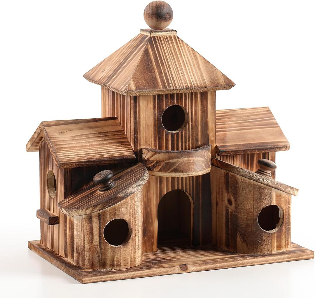 Bird Houses for Outside, Wooden 6 Hole Bird House Room for Multiple Birds, Outdoors Hanging Birdhouse Nesting Box for Garden, Bird Hotel for Wren Chickadee Sparrow