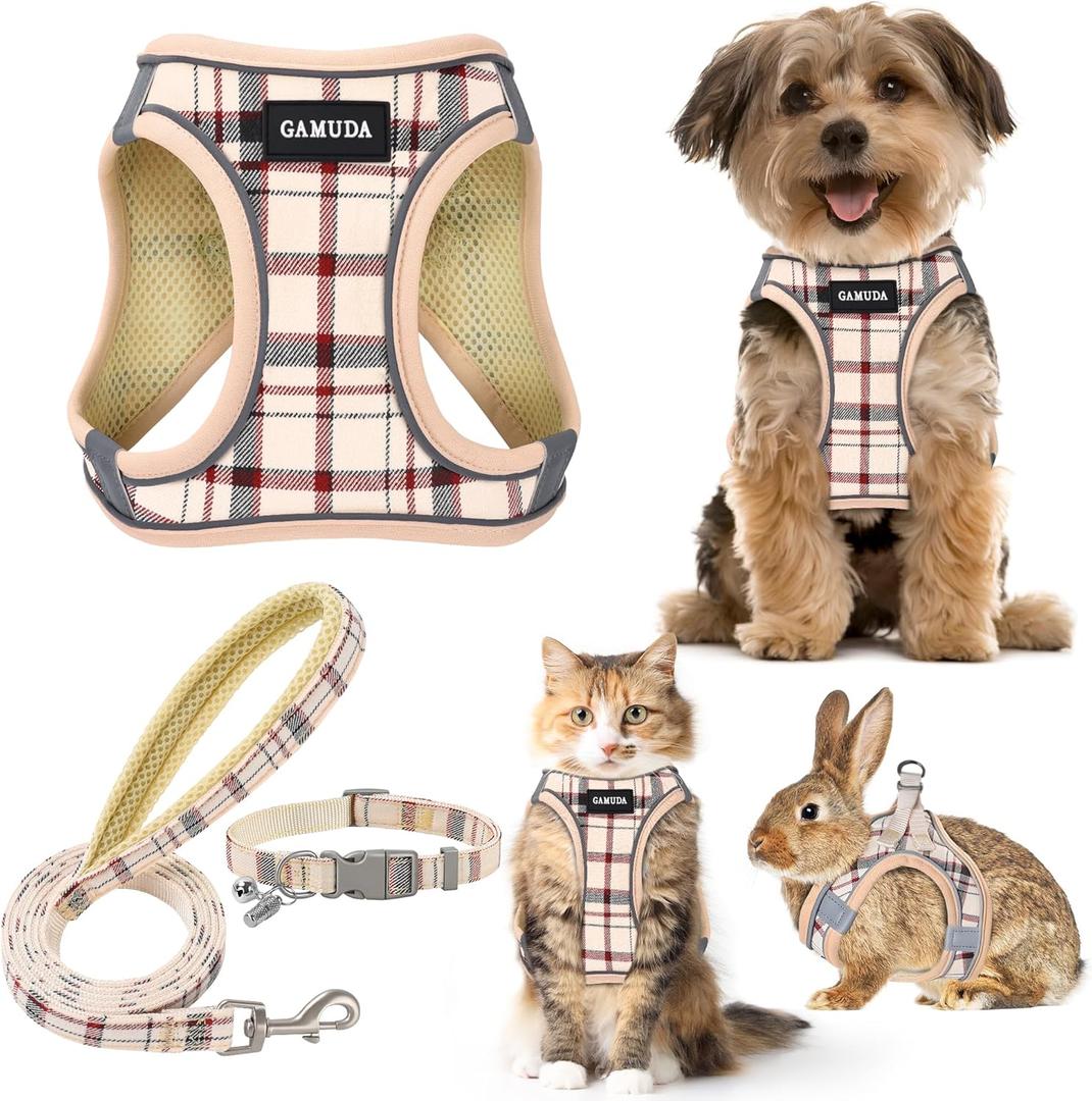 GAMUDA Small Dog Harness Collar and Leash Set, Step in No Chock No Pull Soft Mesh Adjustable Dog Vest Harnesses Plaid Reflective for Dogs Puppy Cats Kitten Rabbit (Beige, M)