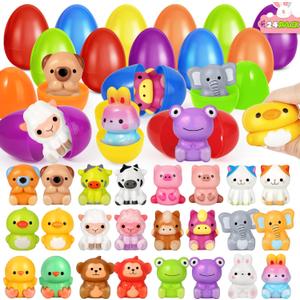 SpringFlower 24 Pack Easter Eggs Filled with Animal Squishy Toys for Easter Eggs Hunt, Easter Basket Essentials, Basket Stuffers Fillers, Easter Party Favors for Kids, Classroom Easter Prizes