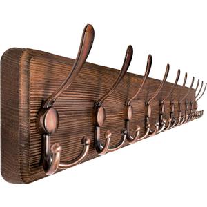 SKOLOO Coat Rack Wall Mounted - 38.6" Long, Wooden, Heavy Duty, Rustic Coat Hooks for Wall, Coat Rack with 10 Triple Hooks for Hanging Clothes, Jacket, Hat(Brown & Retro Red)