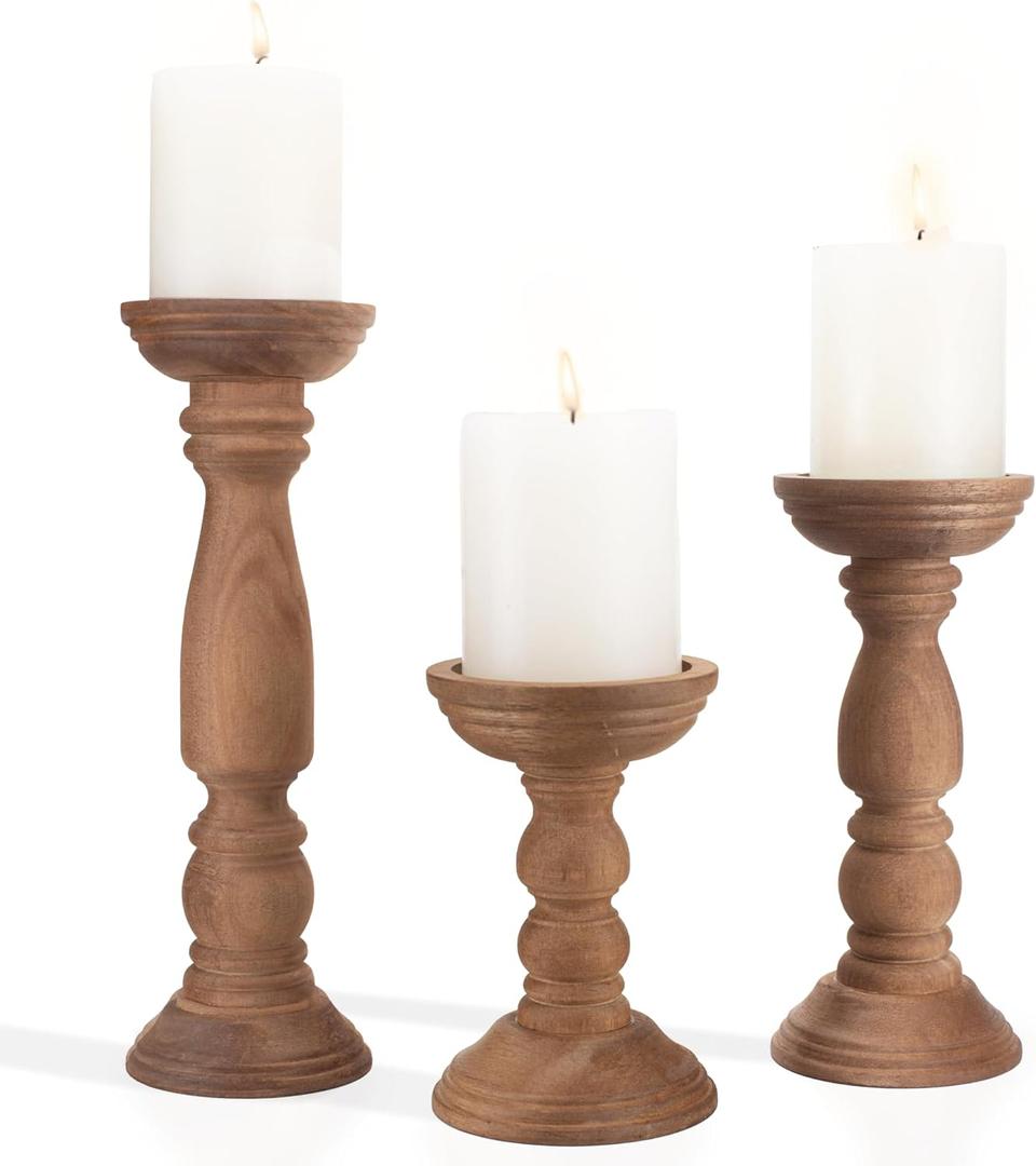 Farmhouse Wooden Candle Holders for Pillar Candles Set of 3, Rustic Wood Candle Holder Table Centerpiece Decor, 12'' 9'' 6'' Vintage Tall Candle Stand Decorative, Brown