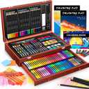 Caliart Art Supplies, 153-Pack Deluxe Art Set in Wooden Case, Crafts Drawing Painting Kits with 2 A4 Sketch Pads, Coloring Book, Birthday Gifts for Teens Girls Boys Kids Adults Artists (Cherry)