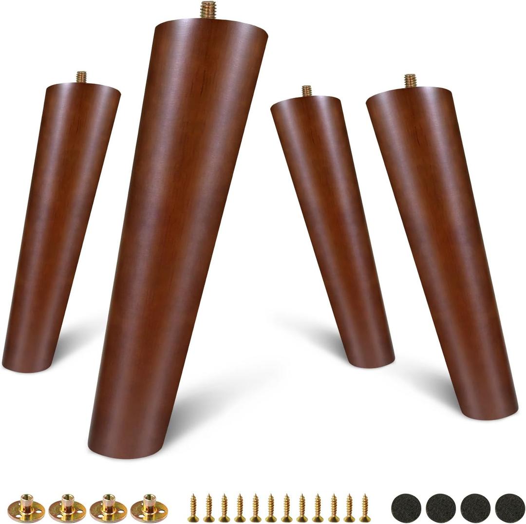 FoDau770 Brown Rubber Wood Furniture Legs 9 Inches, Slant Tapered Wood Feet Mid Century Sofa Legs Set of 4, 5/16" UNC Furniture Feet Replacement Parts for Cabinet Couch Dresser Chair Ottoman Table
