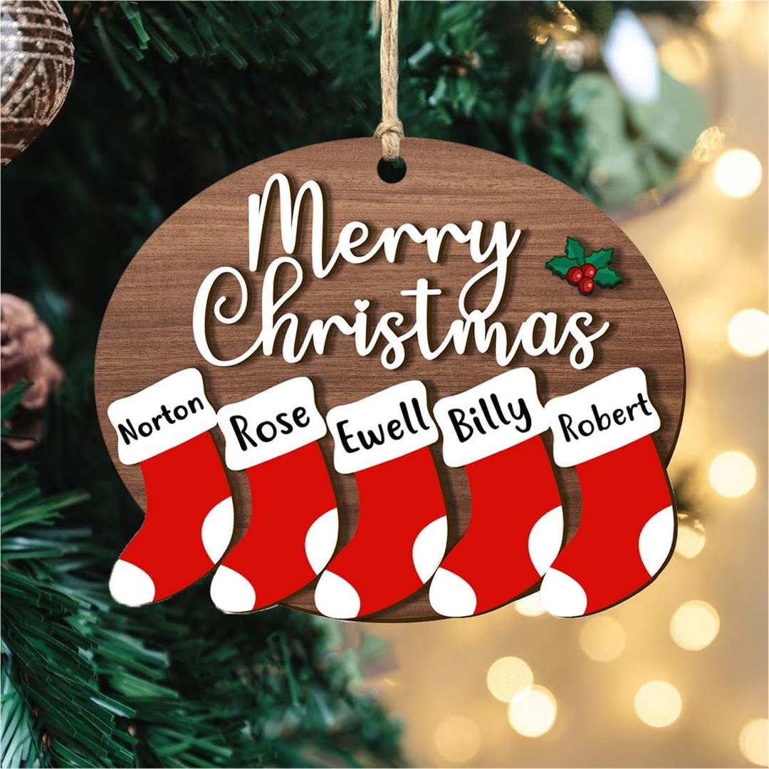Personalized Merry Christmas Ornaments Custom 1-15 Name Wood Stockings Xmas Hanging Decor Family Name Christmas Keepsake Gift for Family Parents Kids