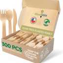 Disposable Wooden Cutlery Set - 100% Home Compostable - 300 Mix (120 Forks, 120 Spoons and 80 Knives) 6.5", Bamboo Utensils Alternative, Eco-Friendly, Organic, Sustainable and Carbon Neutral Certified