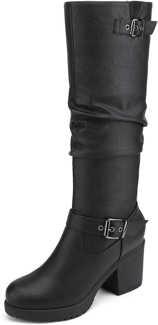 DREAM PAIRS Women's Chunky Heel Knee High Boots Side Zipper Round Toe Boots with Faux Fur Lining (9.5, Black)
