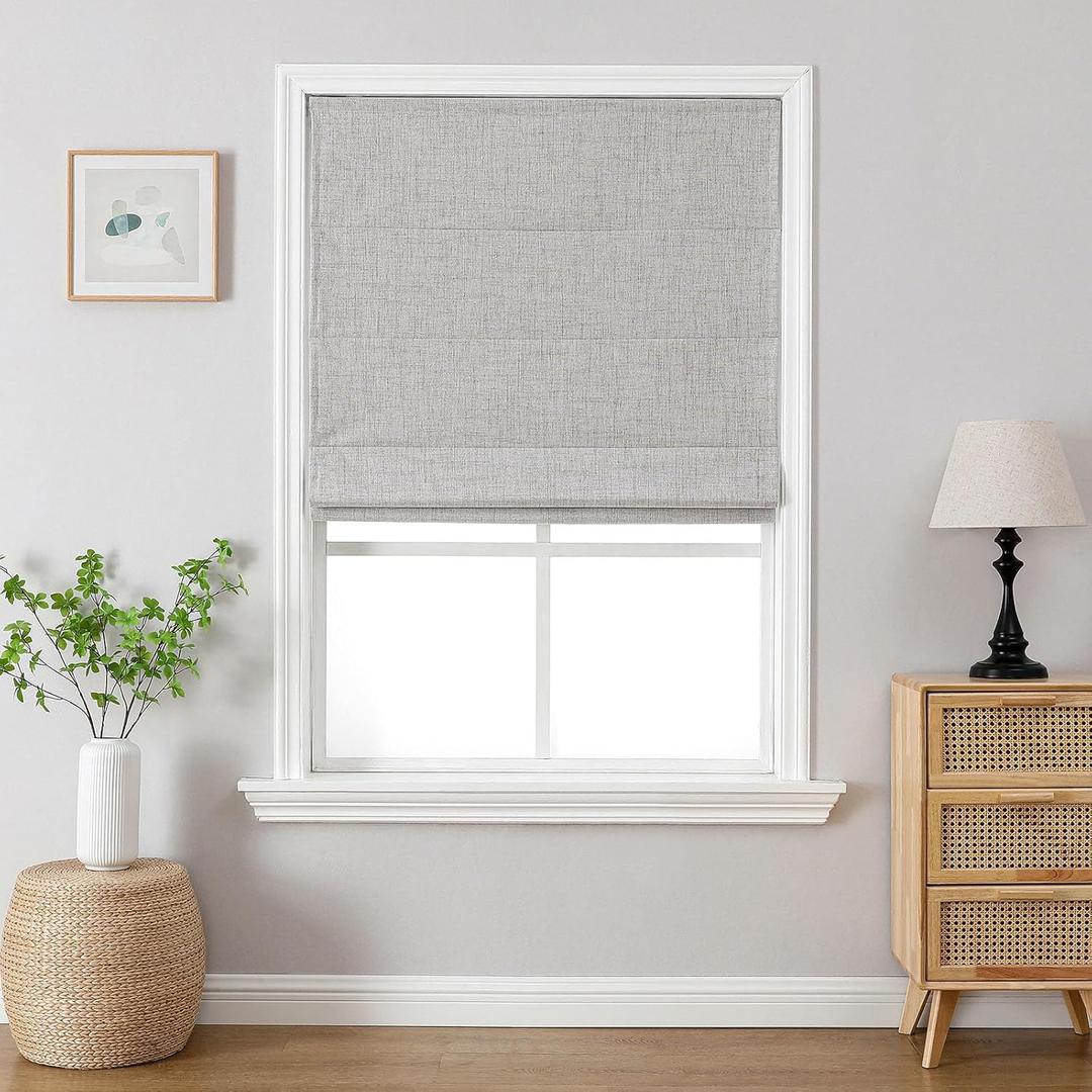 Joydeco Cordless Roman Shades, Linen Fabric Window Blinds, Thermal Insulated Blackout Blinds, Room Darkening Shades for Indoor Windows, Easy to Install, 70" W75" H, Greyish White
