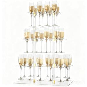 Champagne Display Holder Stand for Party, 3 Tier Clear Acrylic Wine Glass Stemware Rack Martini Flute Holder with Led Light, Cocktail Tree Stand for Drinks, 32 Slots, Measures 26" x 20" x 12"