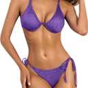 ZAFUL Womens Bikini Swimsuit Metallic Shiny Two Piece Bathing Suit Triangle High Cut Thong String Bikini Sets Purple XS (Purple, XS)