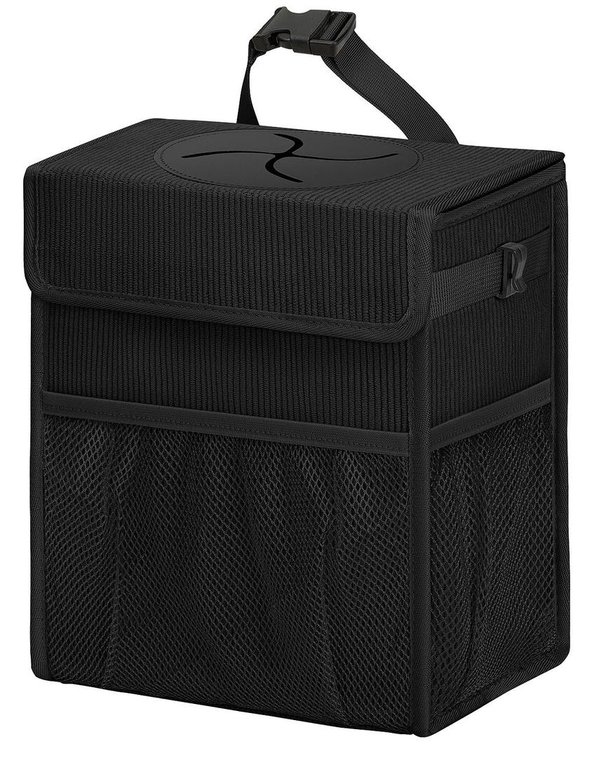 Corduroy Car Trash Can with Lid and Mesh Pockets - Leakproof Organizer,Multipurpose Waterproof Garbage Can/Trash Bin for Car(Black-2 Gallons) (Medium)