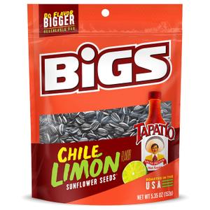 BIGS Sunflower Seeds, Tapatio Chile Limon Flavor, 5.35 oz. (Pack of 12), BBD: OCT 20, 2025 BIGS Sunflower Seeds, Tapatio Chile Limon Flavor, 5.35 oz. (Pack of 12), BBD: OCT 20, 2025