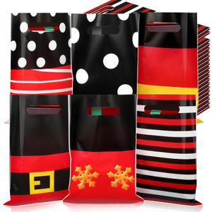 Sinmoe 200 Pcs Plastic Christmas Bags Bulk Christmas Merchandise Gift Bag with Handle 9" x 12" Reusable Xmas Goodie Treat Pouch for Candy Retail Shopping Business Party(Black Red,Mouse)