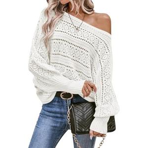 Cakulo Womens Off Shoulder Sweater Top Fall Outfits Fashion 2025 Oversized Knit Batwing Long Sleeve Crochet Pullover Sweaters (M, White)