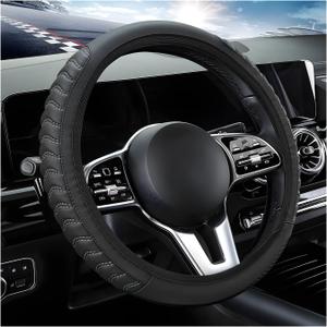 Car Steering Wheel Cover, Elastic Stretch Leather Wheel Protector with Anti-Slip Grip, Breathable Protective Cover for 14 1/2 to 15 Inch Steering Wheels, Car Accessories (Gray)