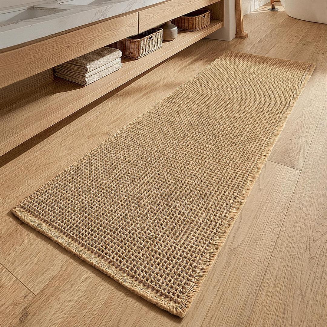 MIULEE Waffle Bathroom Runner Rugs, Super Absorbent Non Slip Bath Rug, Upgraded Soft Quick Dry Washable Boho Long Bath Mat with Tassels for Hallway Laundry Room Bedroom, 30 inch (18"x30"×2"), Brown