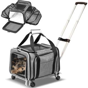 Pet Carrier on Wheels- Two Sided Expandable Rolling Carrier- Designed for Dogs & Cats- Extra Spacious Soft Lined Carrier