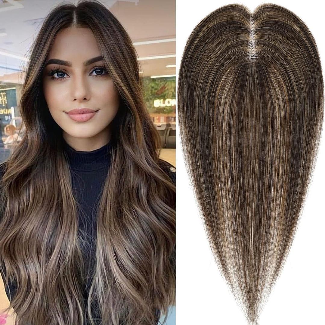 Toppers for Women Real Human Hair Toppers for Women No Bangs Top Hair Extensions Hair Pieces for Thinning Hair Upgrade Lace Base Premium Remy (14 Inch, P4/10)