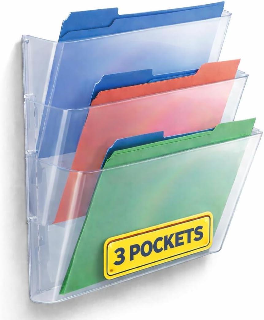 1InTheOffice Wall File Holder, Wall Mount Clear Plastic File Holder, 3-Pocket, Letter Size