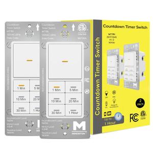 Minoston 60 Minutes Countdown Timer Switch, 1 Hour in-Wall Timer Switch 1-5-10-20-30-60Min for Bathroom Exhaust Fans, Indoor Lights, 1/2 HP, Neutral Wire Required, ETL & FCC, 2 Pack, White(MT11N)