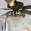 Modern Crystal Ceiling Fans with Lights and Remote Control, Farmhouse Retro Black Ceiling Fan Light, 52 Inch Fandelier Ceiling Fan for Living Room, Dining Room, Bedroom, Office