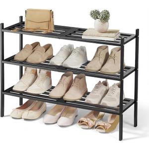 SONGMICS Bamboo Shoe Rack for Closet, Stackable Shoe Oragnizer with Modular Structure, Space-Saving Free Standing Shelf for Entryway Bedroom, 3-Tier, Holds 12-16 Pairs, Ink Black ULBS053BH01