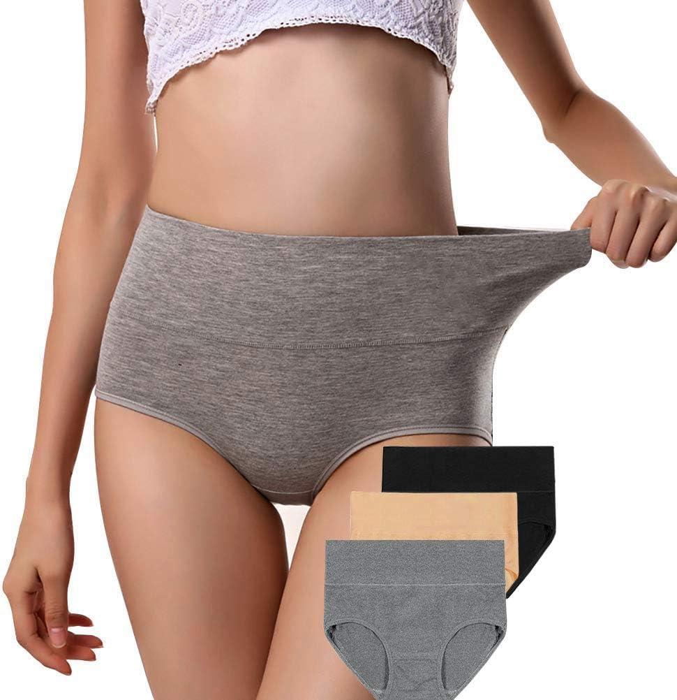 ANNYISON Womens Underwear 3 Pack, Soft Cotton High Waist Breathable Solid Color Briefs Panties for Women (Black +Beige + Grey, XL)