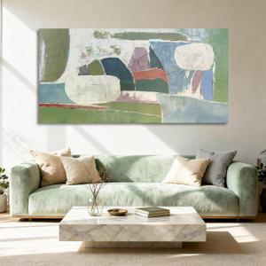 YETHEN WAL Sage Green Abstract Wall Art – 24×48 Large Minimalist Canvas Print, Neutral Olive & Blue Textured Artwork for Living Room or Bedroom Wall Decor