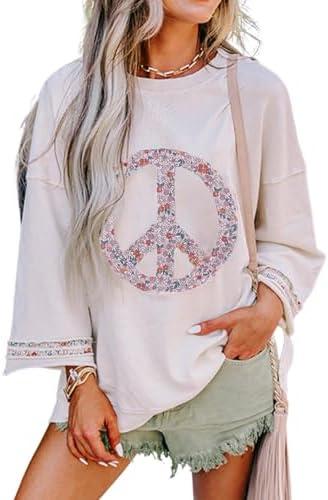 KevaMolly Womens Long Sleeve Tops Floral Peace Symbol Drop Shoulder Sweatshirt Crewneck Casual Pullover Top SIZE  2 XL