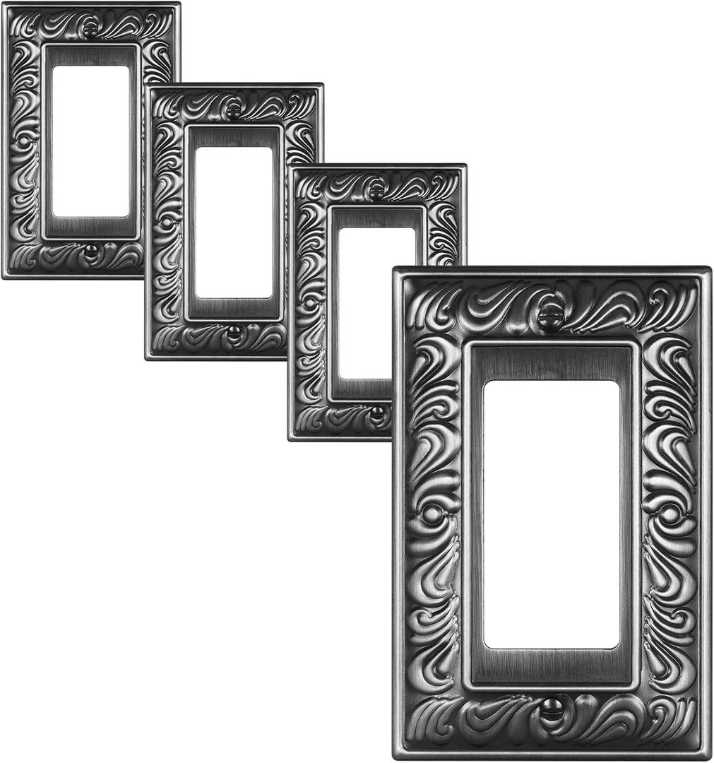 4-Pack Decorator Outlet Cover Plate, Paisley Pattern Decorative Switch Plates and Outlet Covers, Antique Silver Metal Wall Plate for Electrical Outlets, Receptacle, GFCI Outlet, Dimmer Switch