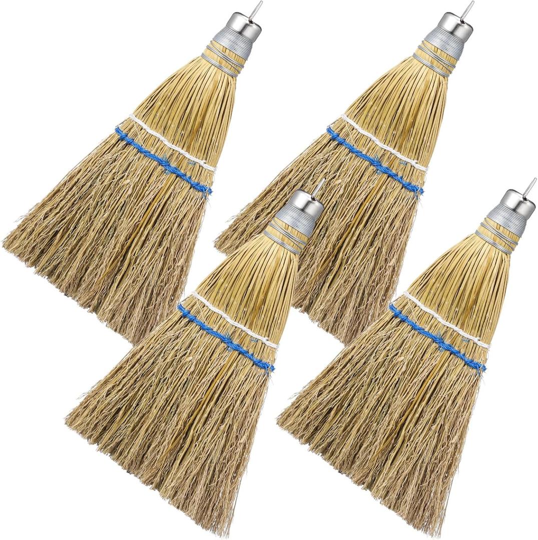 Suclain 4 Pcs 12 Inch Whisk Broom Hand Held Mini Corn Straw Whisk Broom Short Handle with Metal Hanger Halloween for Multi Surface Sweeping Small Hand Brush for Outdoor Car Porch Debris Dust Dirt