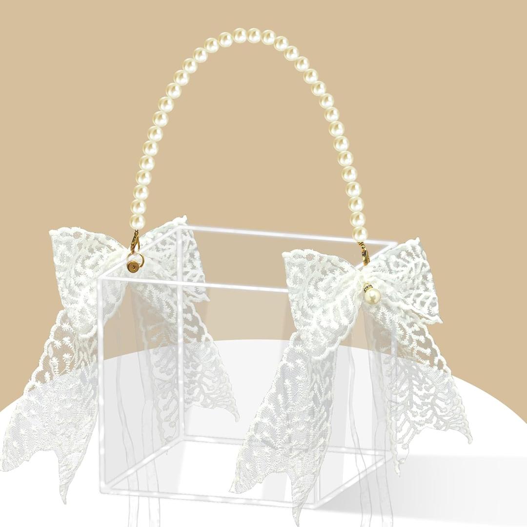 Flower Girl Basket Acrylic Flower Basket with Pearl Handle Clear Flower Holder for Confetti with Handmade Lace Bow Decoration