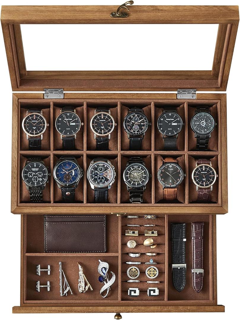 SONGMICS 12-Slot Watch Box, 2-Tier Watch Display Case with Large Glass Lid, Removable Pillows, Velvet Lining, Jewelry Box, Gift Idea, Rustic Walnut UJOW012K01