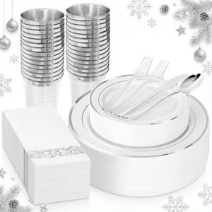 Supernal 200pcs Silver Plastic Dinnerware Sets for 25 Guests included Silver Silverware Set & Plastic Plates heavy duty Disposable Cups and Paper Napkins Disposable for Party Birthday and Wedding