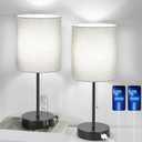 Set of 2 Table Lamps with USB Ports, White Bedside Lamps with AC Outlet, Modern Nightstand Lamps with Rotary Switch, Minimalist Desk Lamp with Fabric Shade for Bedroom Living Room Office Reading, Black