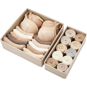 Underwear Drawer Organizer 2 Pack - Foldable Fabric Storage Bins for Dresser & Closet, Khaki Sock and Bra Dividers, 2 Sizes for Bedroom Organization