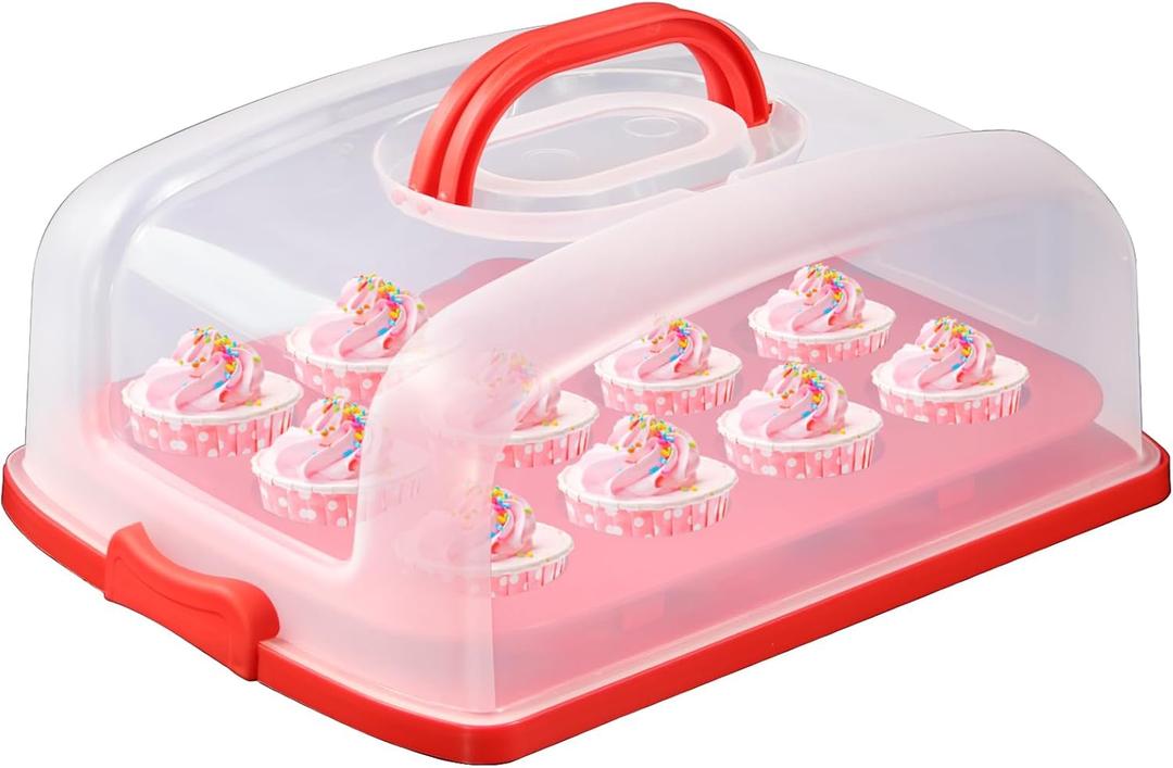FEOOWV 2in1 Cupcake Carrier and Cake Keeper with Lid, Rectangle Pie Carrier,Large Portable Storage Container for Storing 12 Cupcakes or 1 Large Cake (Red)