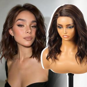 Dark Brown Synthetic Lace Front Wig,Side Part Short Curly Bob Wig,Shoulder Length Wig for Women Daily Use 16IN