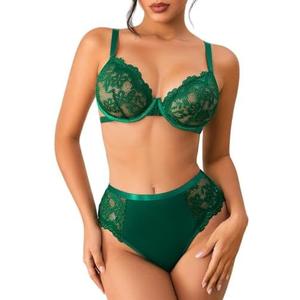 MakeMeChic Women's 2 Piece Floral Lace Lingerie Sets Push Up Cheeky Underwire Matching Bra and Panty Set Small