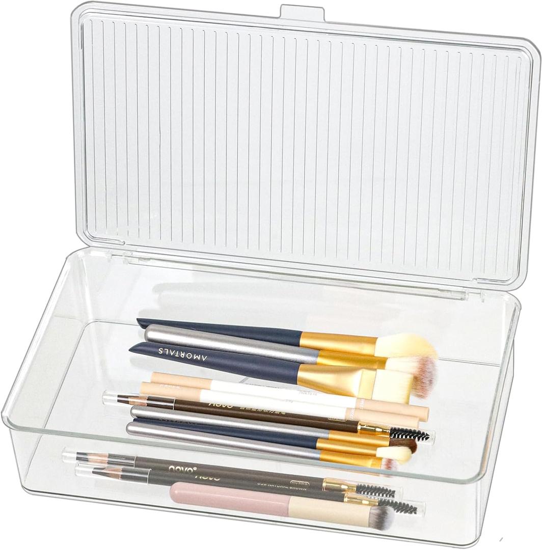 Clear Plastic Storage Bin with Lid, Organizer for Pantry, Office, Bathroom, Kitchen, Snack, Tea Bag, Coffee Container (Small)