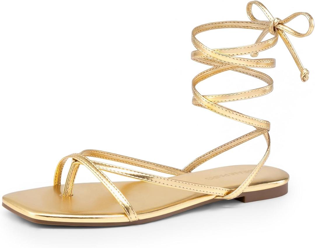 DREAM PAIRS Women's Strappy Flat Sandals - Comfortable Lace Up Gladiator Dressy Sandals, Square Toe Tie Up Walking Sandal, Summer Wrap Up Vocation Sandal Mermaid Shoes, Size 8, Gold
