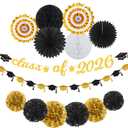 Black Gold Party-Decoration Graduation Banner - 14pcs Kits Cap Garland Streamers, Paper Tissue Pom Poms Flowers Fans Honeycomb,Class Of 2026 College High School Grad Decor Hugfond